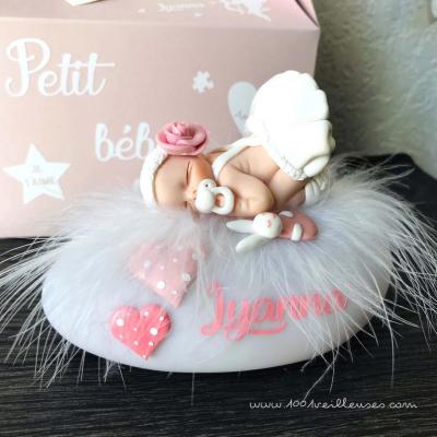 petite veilleuse bébé fimo fille en robe blanche et rose - naissance, baptême