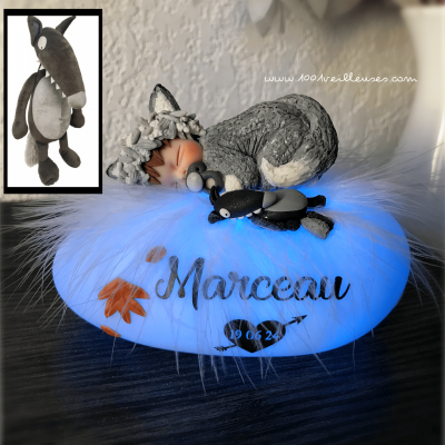 Regalo bebé original y raro - luz nocturna bebé personalizada - tema lobo con peluche lobo