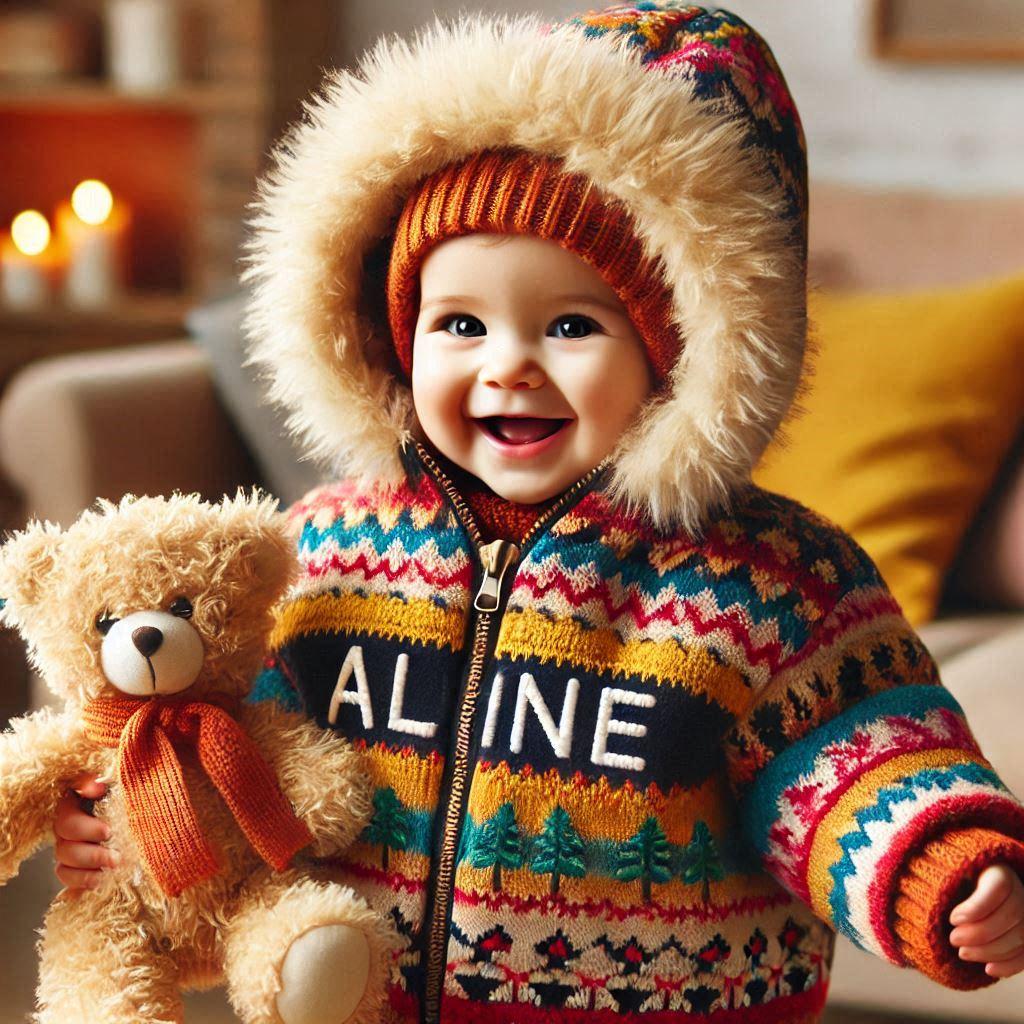 A baby wearing a coat with the name aline on it 1