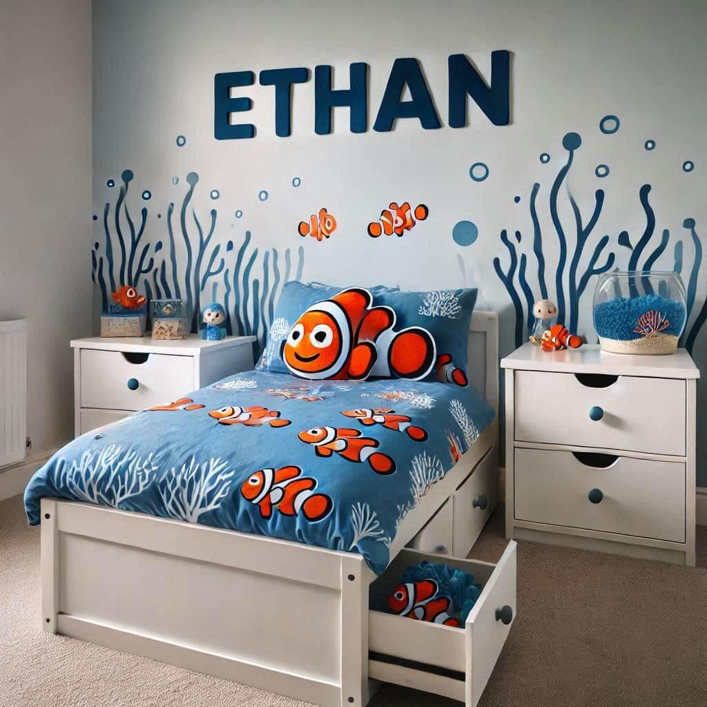 theme nemo, decoration de chambre originale pour enfant avec le prenom ethan, draps nemo