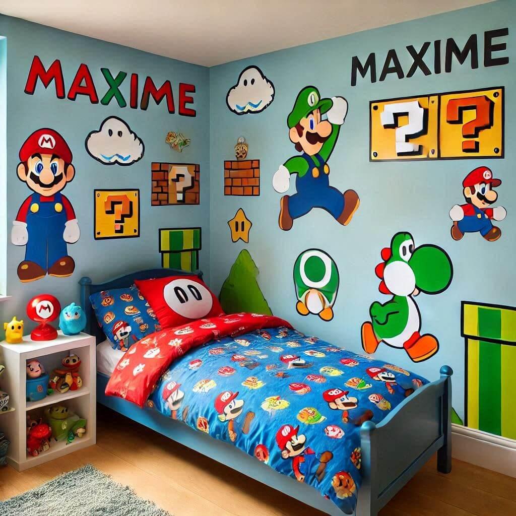 Belle chambre de petit garcon sur le theme de mario bros avec le prenom maxime