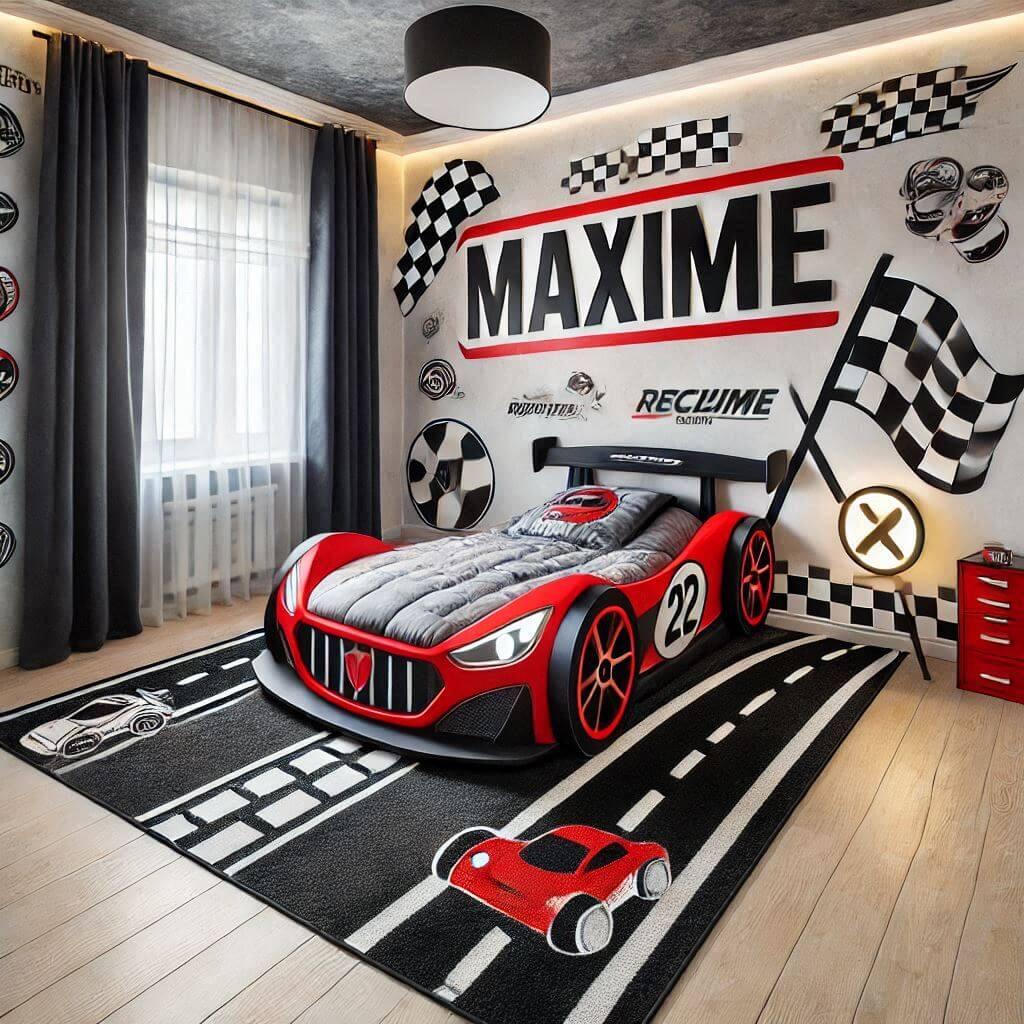 chambre enfant theme voiture avec le prenom maxime sur le mur