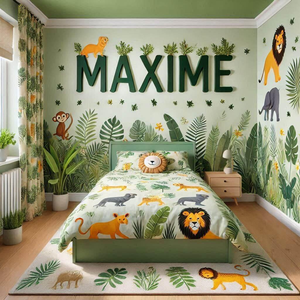 belle chambre d enfant theme jungle prenom maxime avec draps et rideaux animaux de la jungle