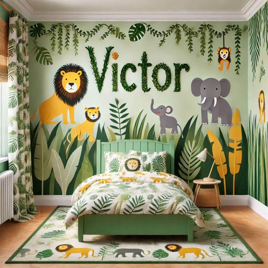 Belle decoration de chambre d enfant theme jungle avec le prenom Victor sur le mur de la chambre