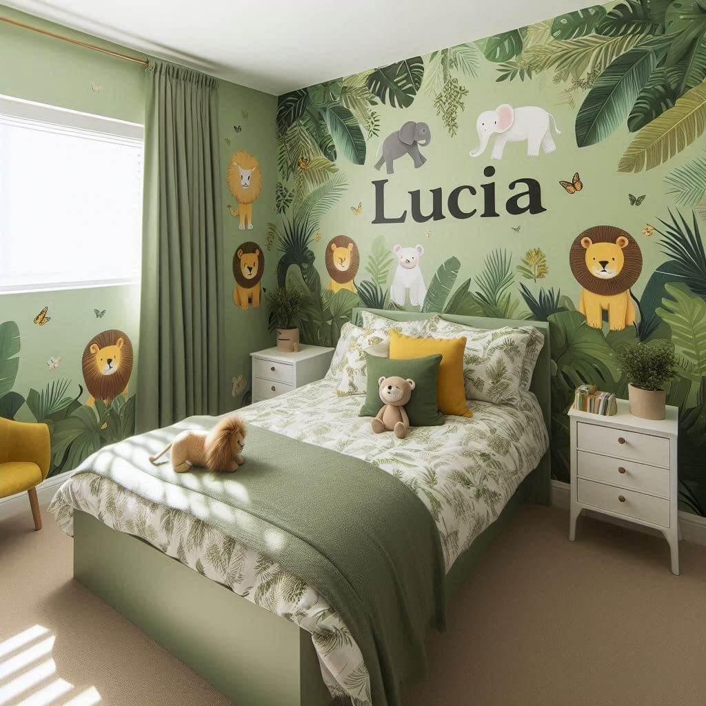 chambre de petite fille sur le theme de la jungle, avec le prenom Lucia