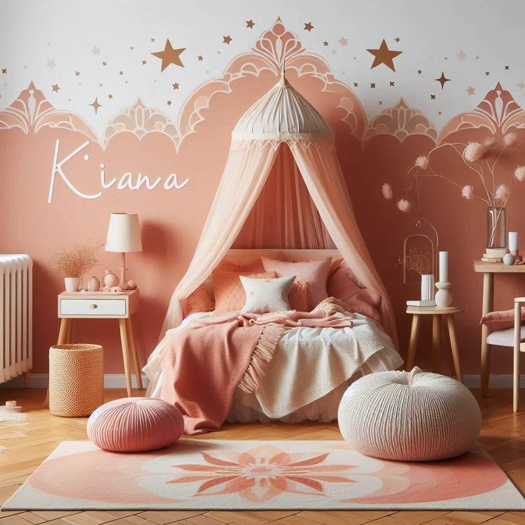 Décoration de chambre d'enfant sur le thème de l'exotisme et de la douceur, avec le nom Kiana écrit sur le mur dans des tons chauds comme rose poudré, corail et blanc cassé