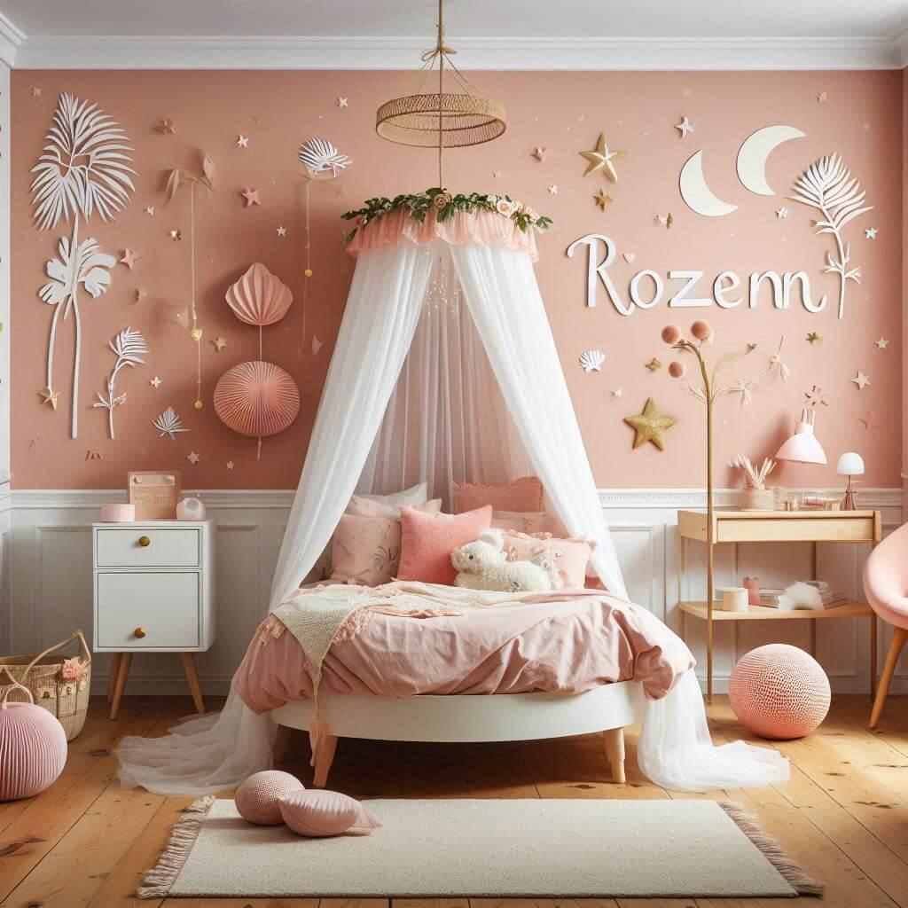 A childs room decoration theme inspired by exoticism and sweetness with the name rozenn written on the wall in warm tones like powdered pink coral and broken white and a round bed