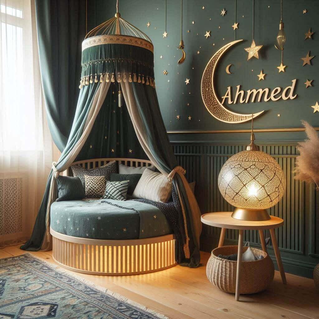 Décoration de chambre d'enfant inspirée par l'exotisme et l'Orient avec des tons chauds comme le vert d'eau, avec le prénom Ahmed.