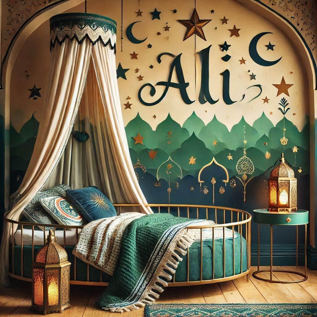 A childs room decoration theme inspired by exoticism and the orient with warm tones like water green dark green and navy blue featuring a round bed with a canopy and a lit starry l