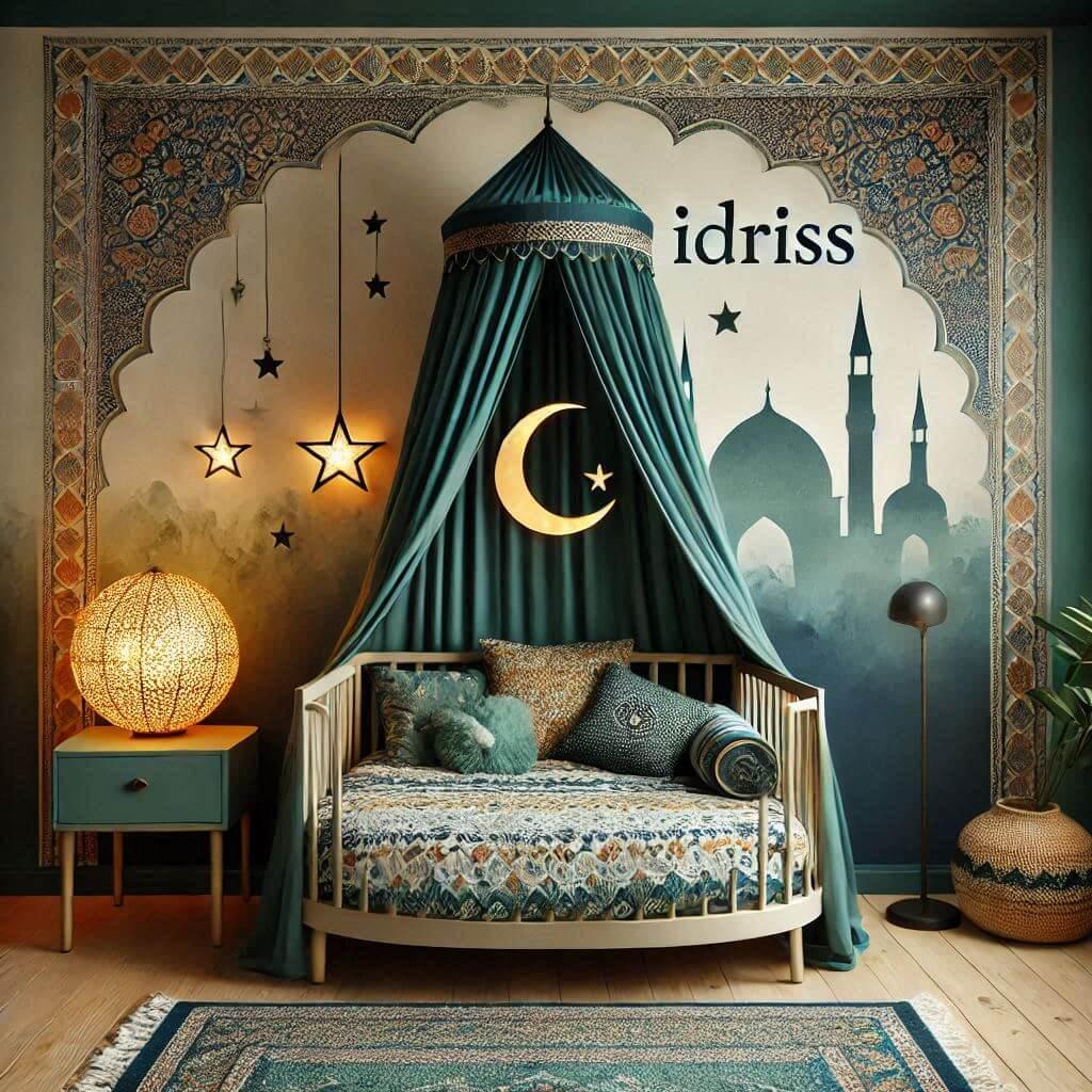 A childs room decoration theme inspired by exoticism and the orient with warm tones like water green dark green and navy blue featuring a round bed with a canopy and a lit starry l