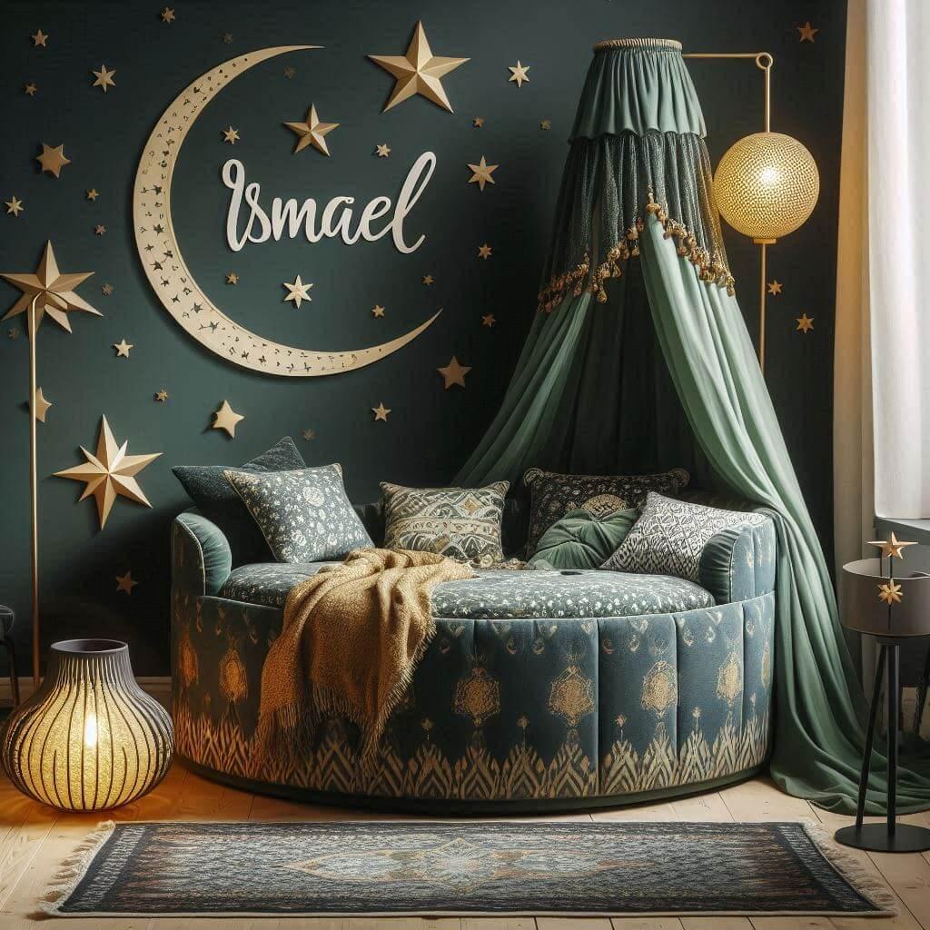 A childs room decoration theme inspired by exoticism and the orient with warm tones like water green dark green and navy blue featuring a round bed with a canopy and a lit starry l