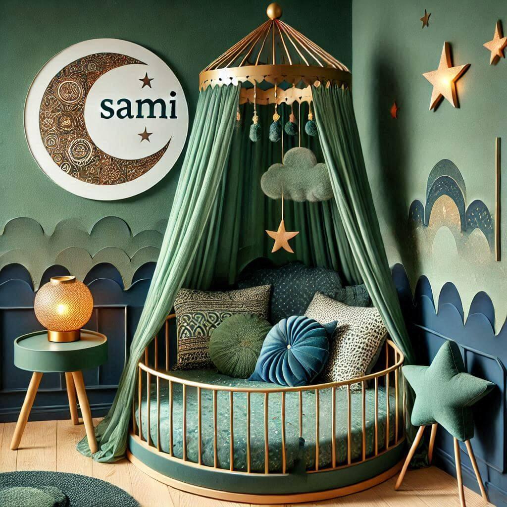 A childs room decoration theme inspired by exoticism and the orient with warm tones like water green dark green and navy blue featuring a round bed with a canopy and a lit starry l