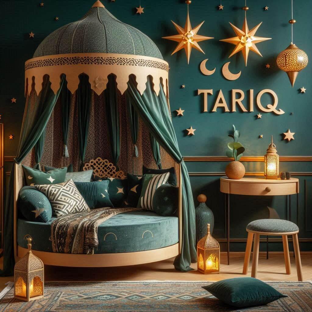 image d une tres belle chambre d enfant sur le theme oriental, couleurs vert et or, prenom tariq