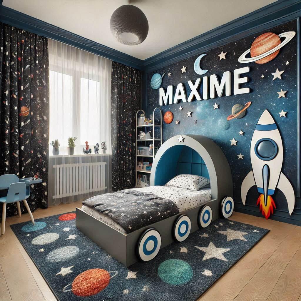 decoration enfant chambre theme espace prenom maxime avec lit fusee