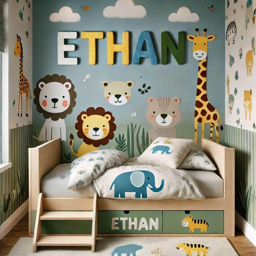 chambre enfant theme animaux avec le prenom ethan