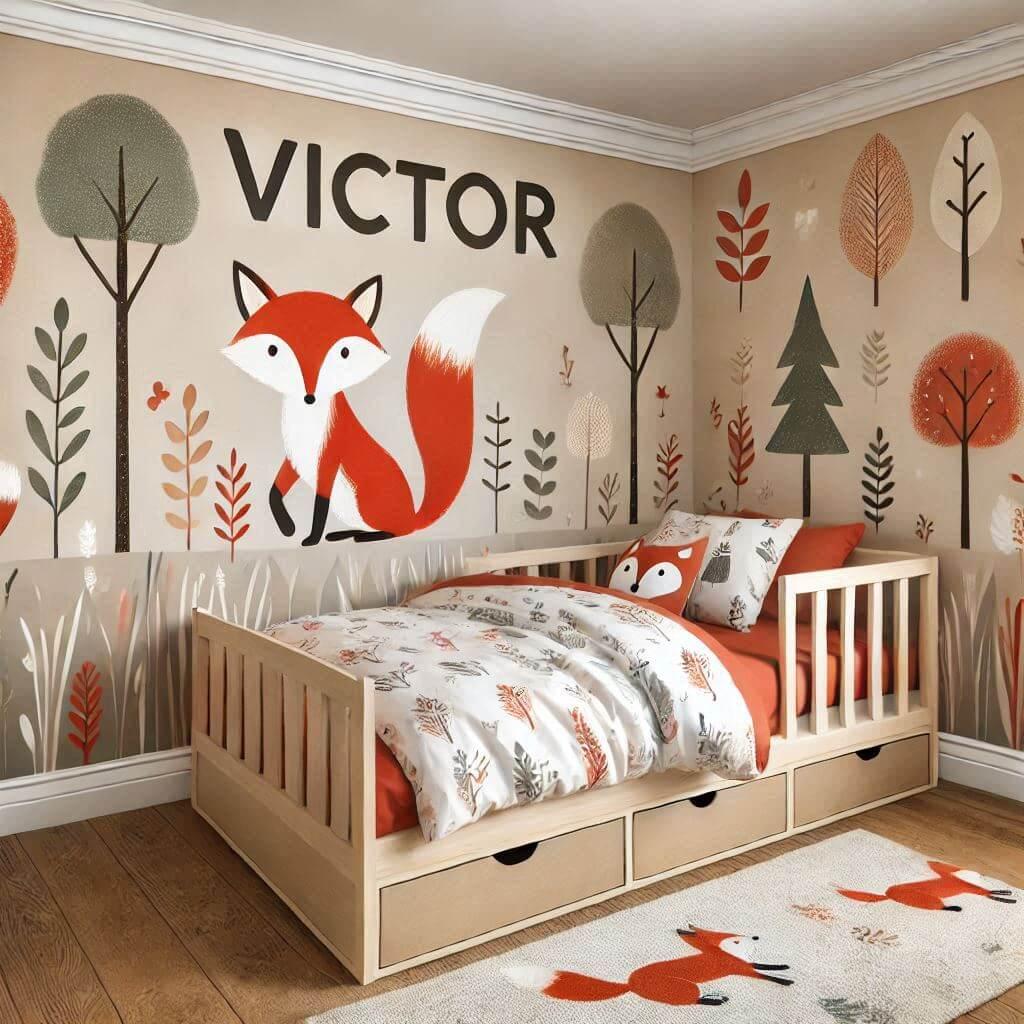 Chambre avec le prénom Victor, theme renard, déco bébé