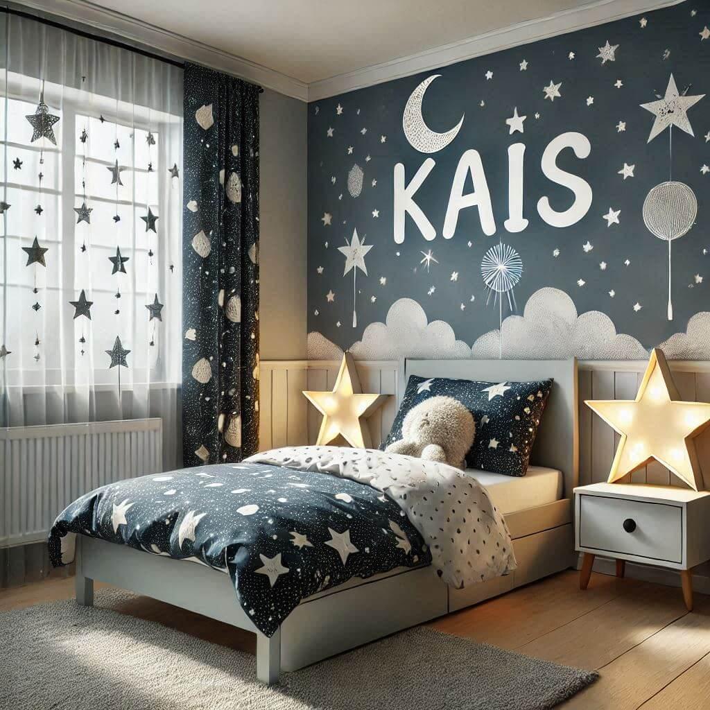 décoration chambre enfant, theme ciel étoilé, prénom Kais