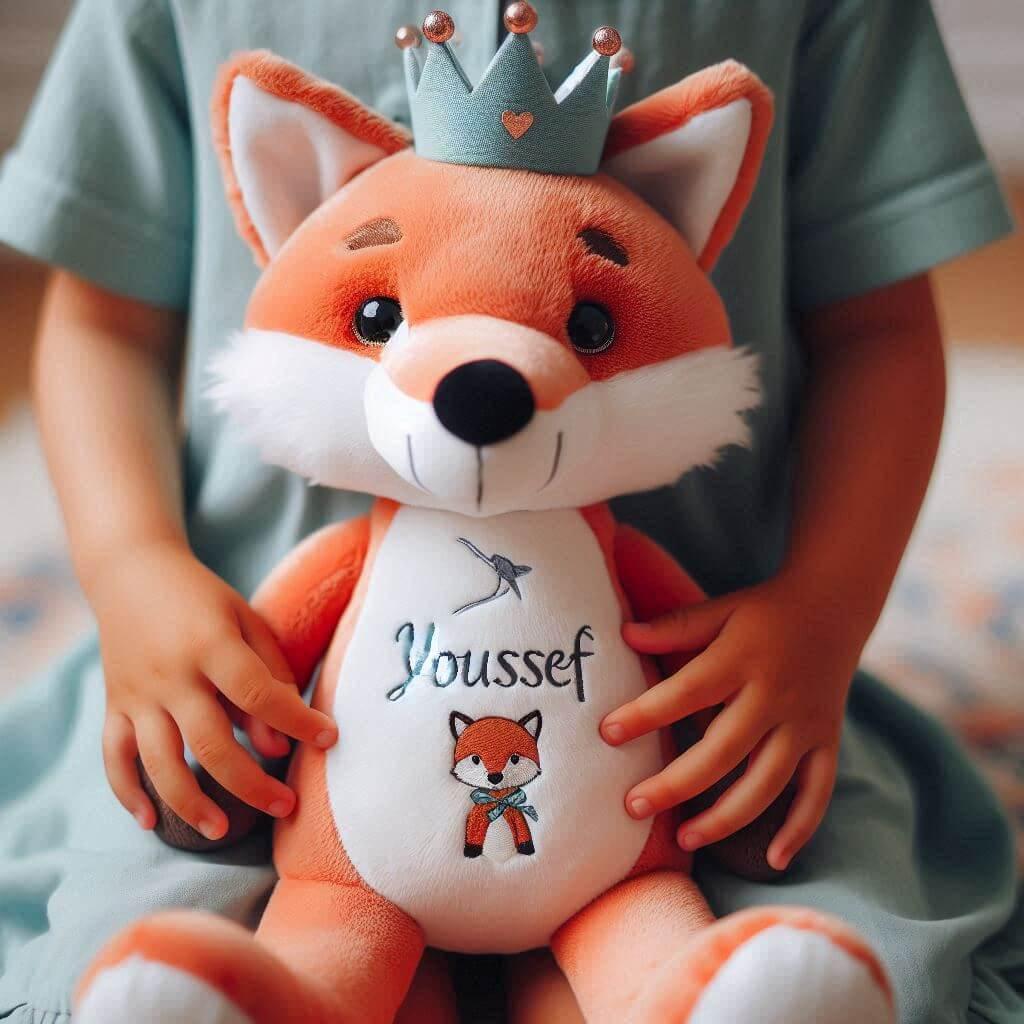 A fox plush with a personalized crown with the name youssef in the hands of a little boy in pastel colors