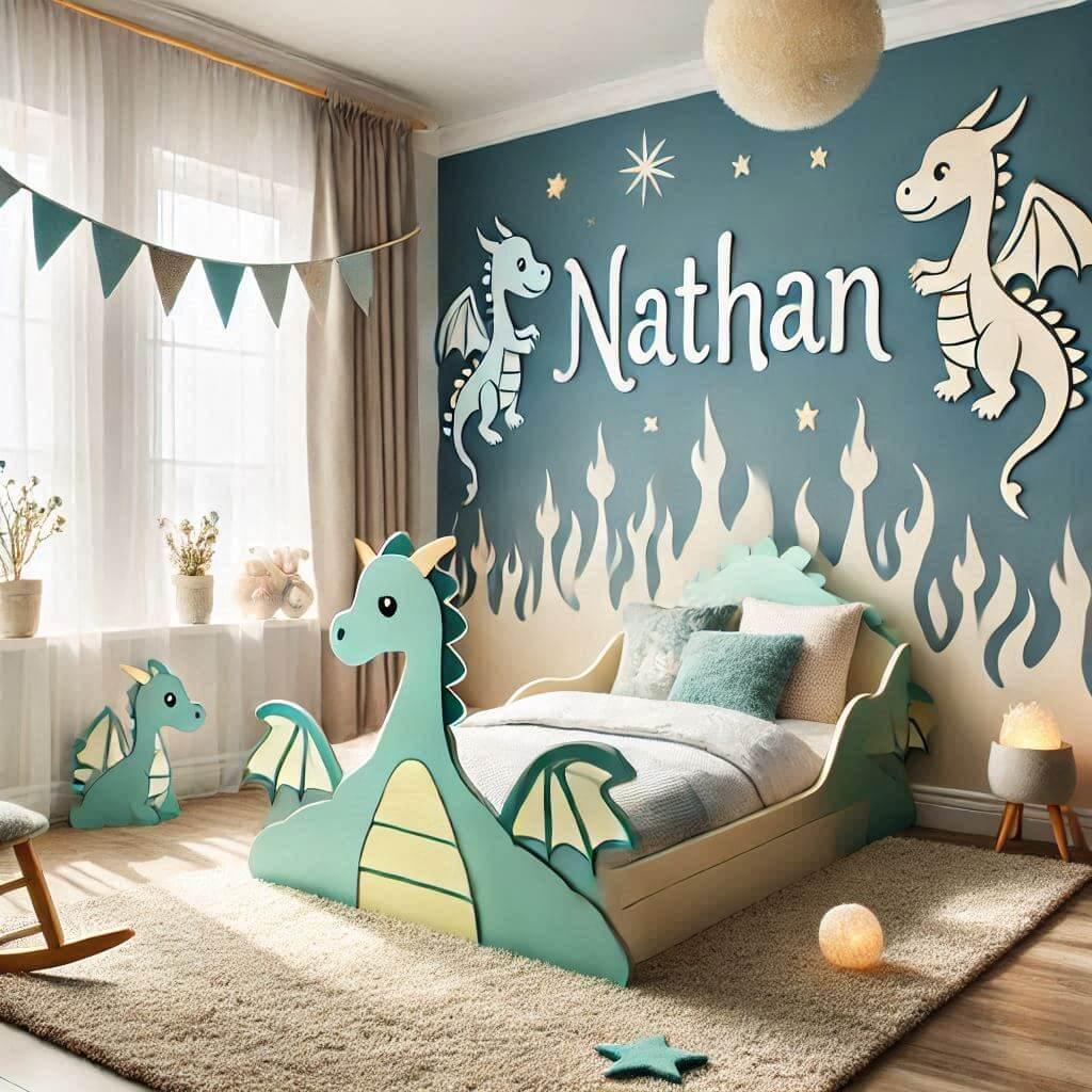 belle chambre de petit garcon theme dragon avec le prenom nathan et un lit en forme de dragon