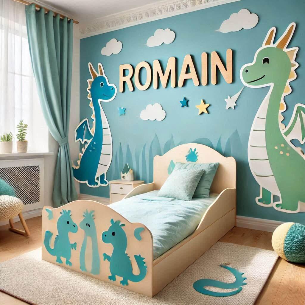 jolie chambre de petit garcon sur le theme des dragons avec le prénom Romain