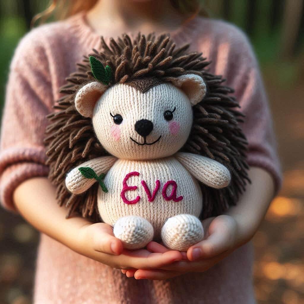 A knitted hedgehog plush toy with the name eva embroidered held by a child in the forest 1