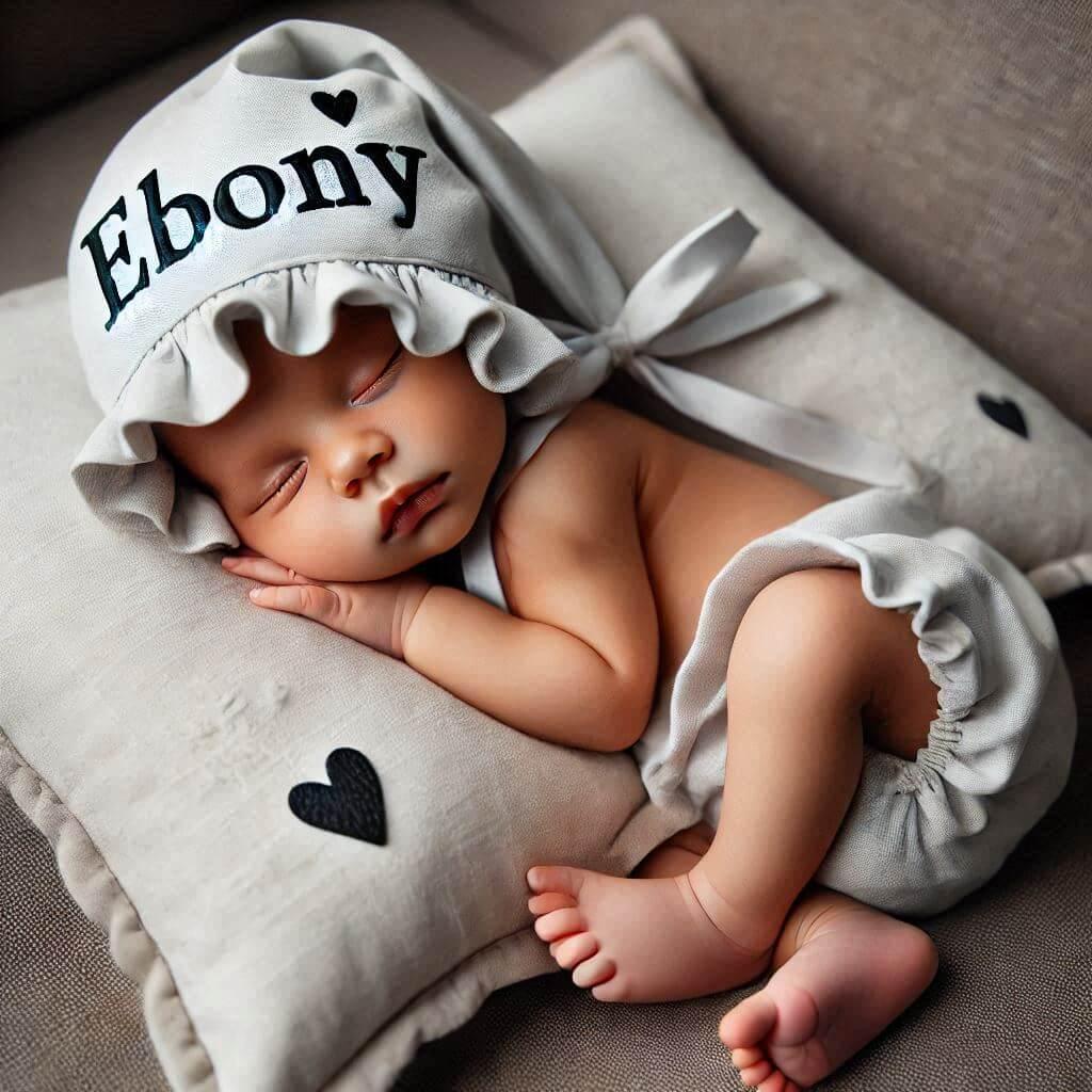 A little baby sleeping with the name ebony on their bonnet sleeping on a big cushion professional photo