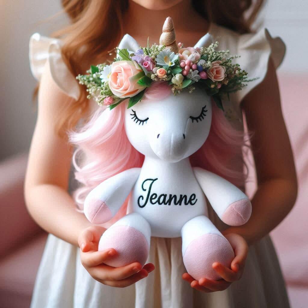 peluche licorne personnalisée avec le prénom jeanne, cadeau trop mignon pour un enfant