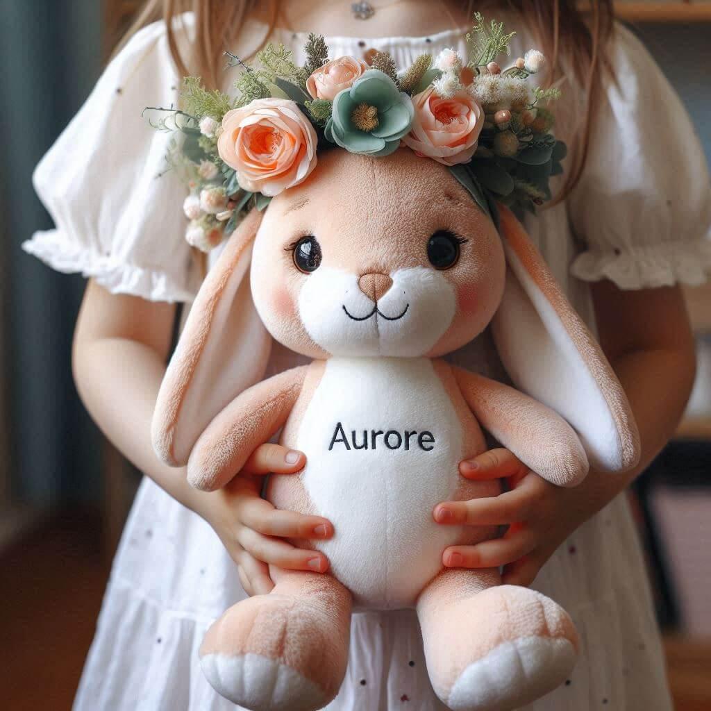 A rabbit plush with a flower crown holding the name aurore held by a little girl 1