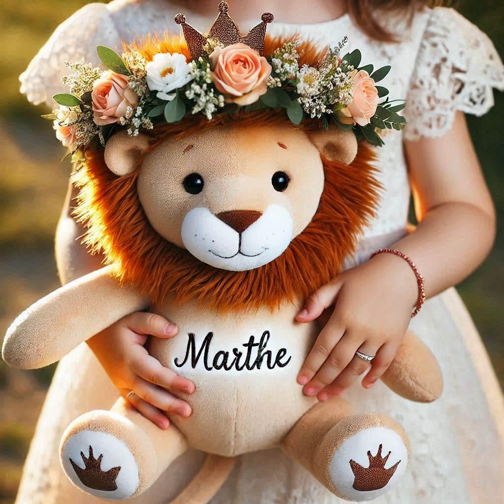 une-peluche-lapin-avec-une couronne de fleur-personnalise-avec-le-prenom-marthe-dans-les-mains-d-une-petite-fille