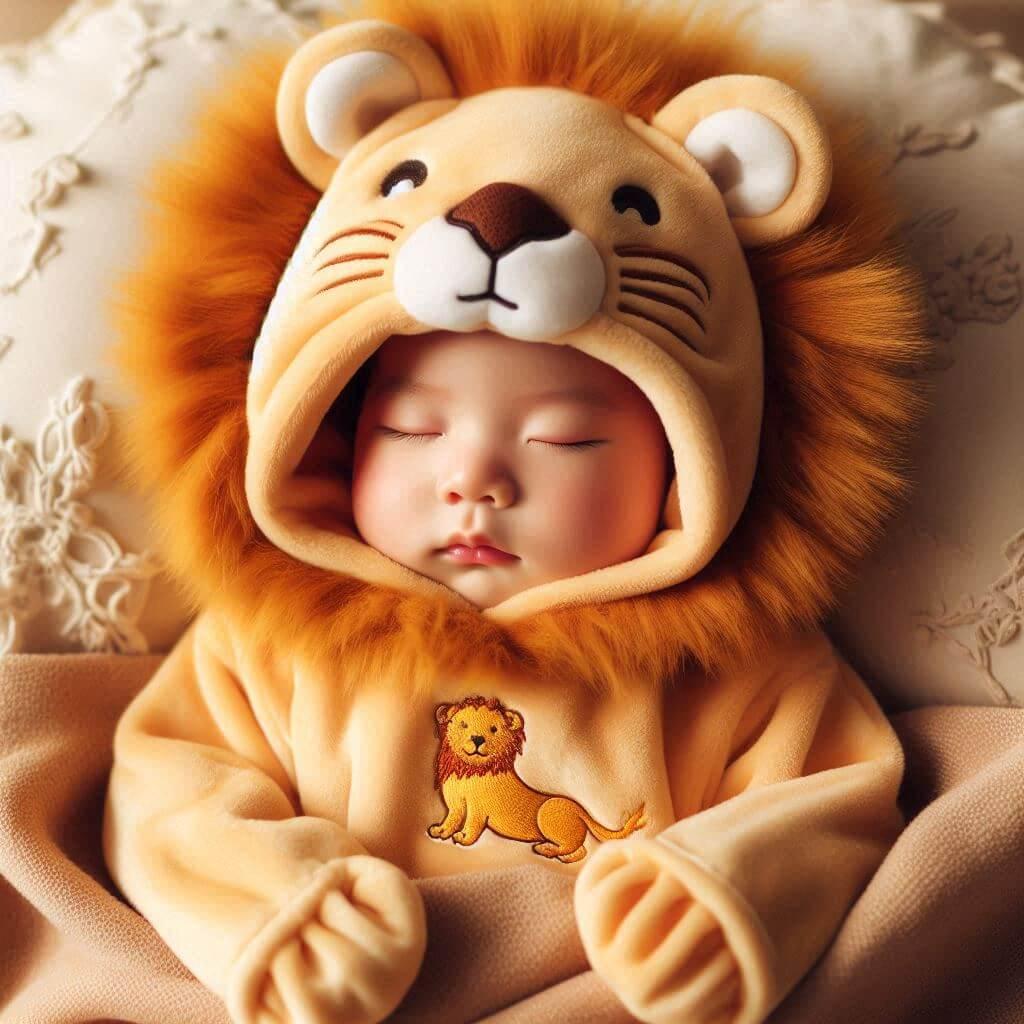 petit bébé qui dort en habit bébé astro lion