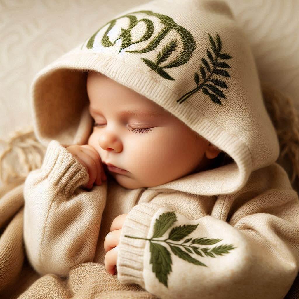 An adorable baby sleeps peacefully in a soft cozy virgo themed outfit the natural colors earthy beige soft olive green and warm ivory reflect the signs purity and connection to nat