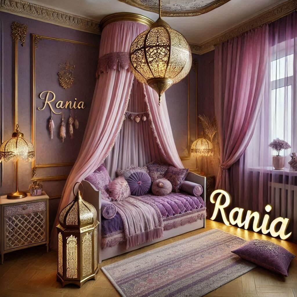 jolie chambre de fille sur le theme oriental, prenom rania, couleur violet et or