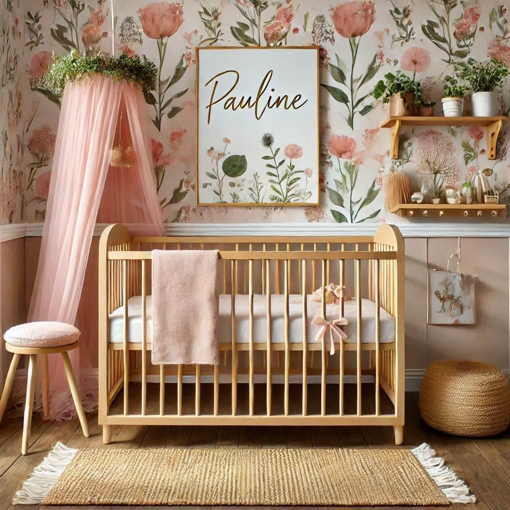 chambre de bebe fille nommee pauline sur le theme floral boheme murs beige clair avec motifs de fleurs aquarelles dans des tons rose et vert lit a barreaux en bois natu