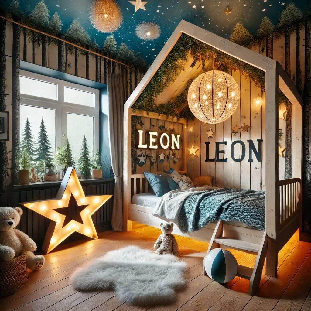 chambre enfant theme foret avec lit cabane avec le prenom leon a la francaise avec tapis fourure et des coussins etoiles globe lumineux allume 1