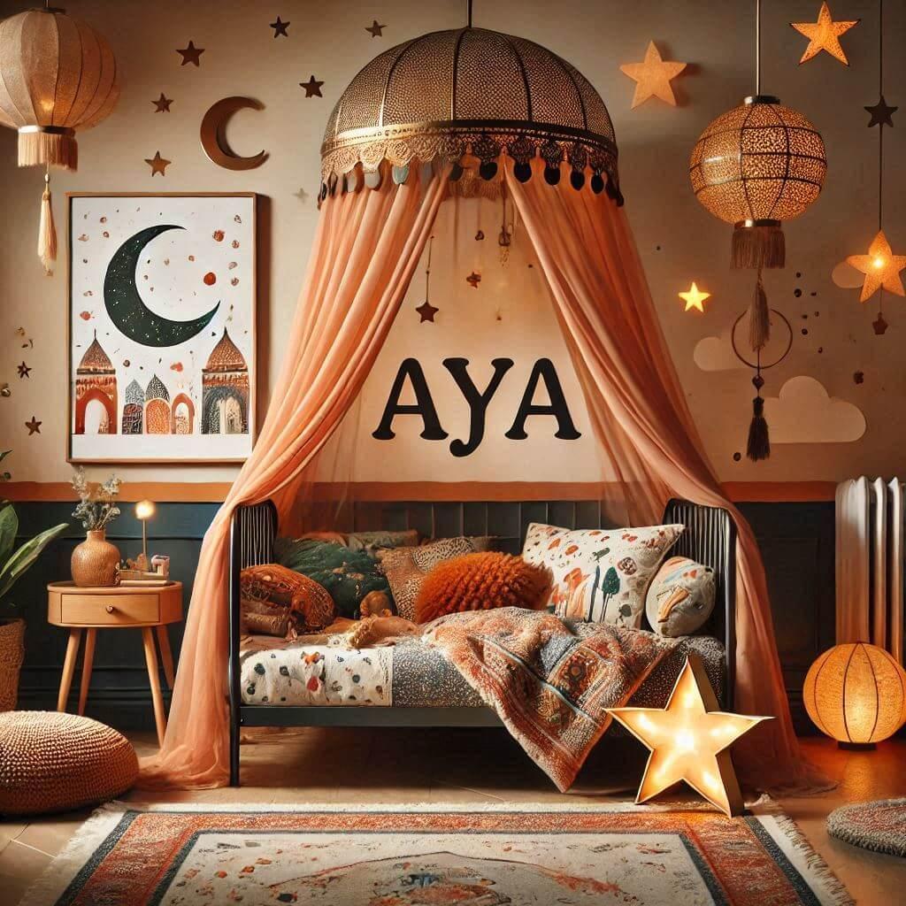 chambre orientale pour petite fille avec le prenom aya, theme marocain