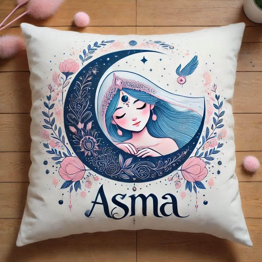 le prenom asma ecrit joliment sur un coussin oreiller bleu clair et rose poudre et or 2 1