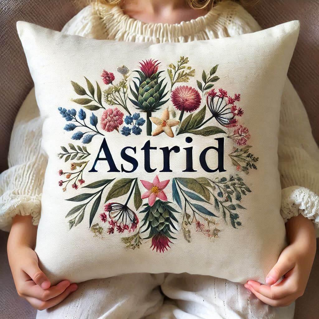 le prenom astrid ecrit sur un coussin motif fleuri dans les bras dun enfant