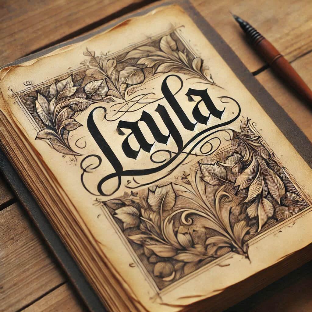 le prenom layla ecrit joliment facon calligraphie sur un carnet ancien