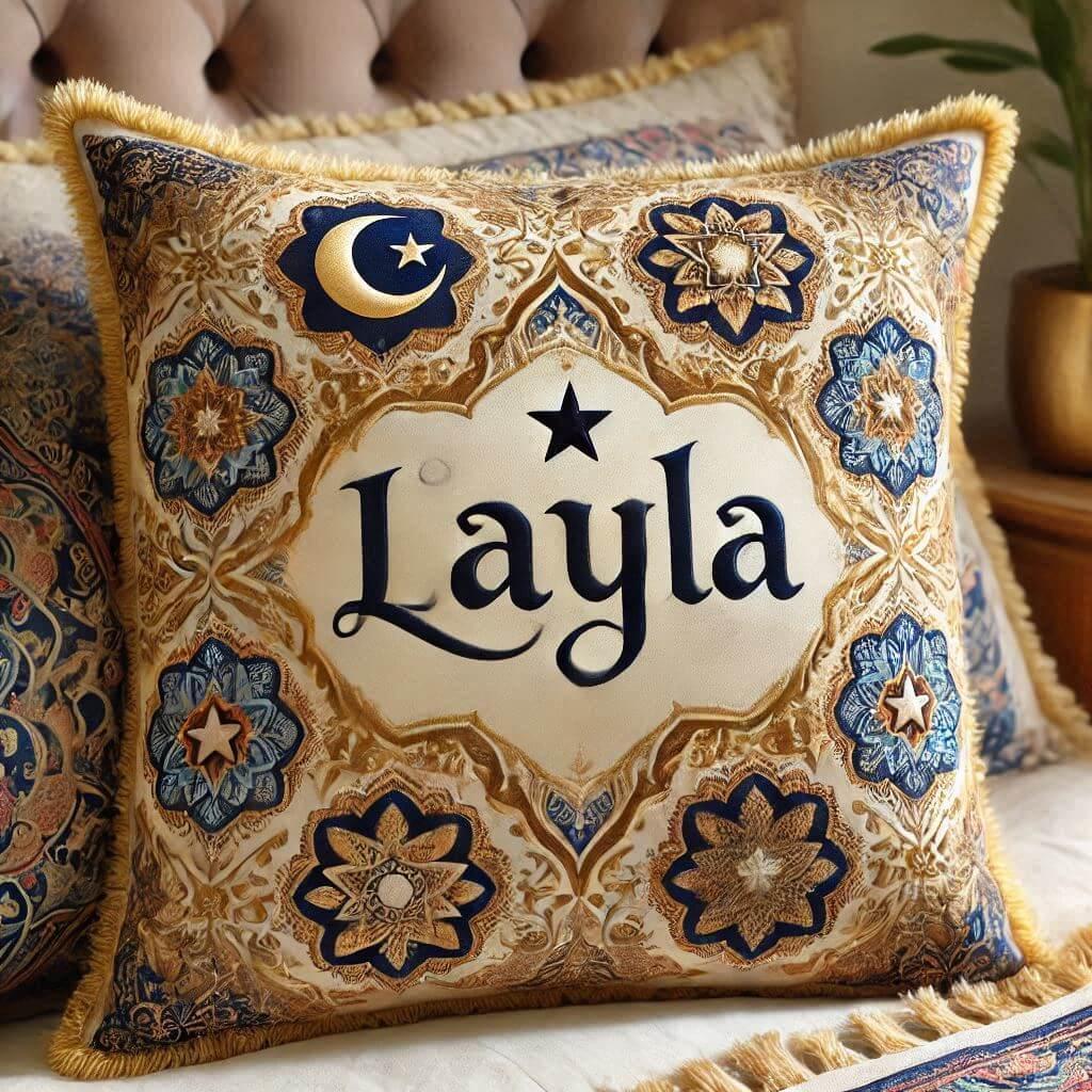 Prénom 'Layla' écrit sur un coussin doré, beige et bleu nuit avec motifs étoiles et lunes, style oriental, posé sur un lit.