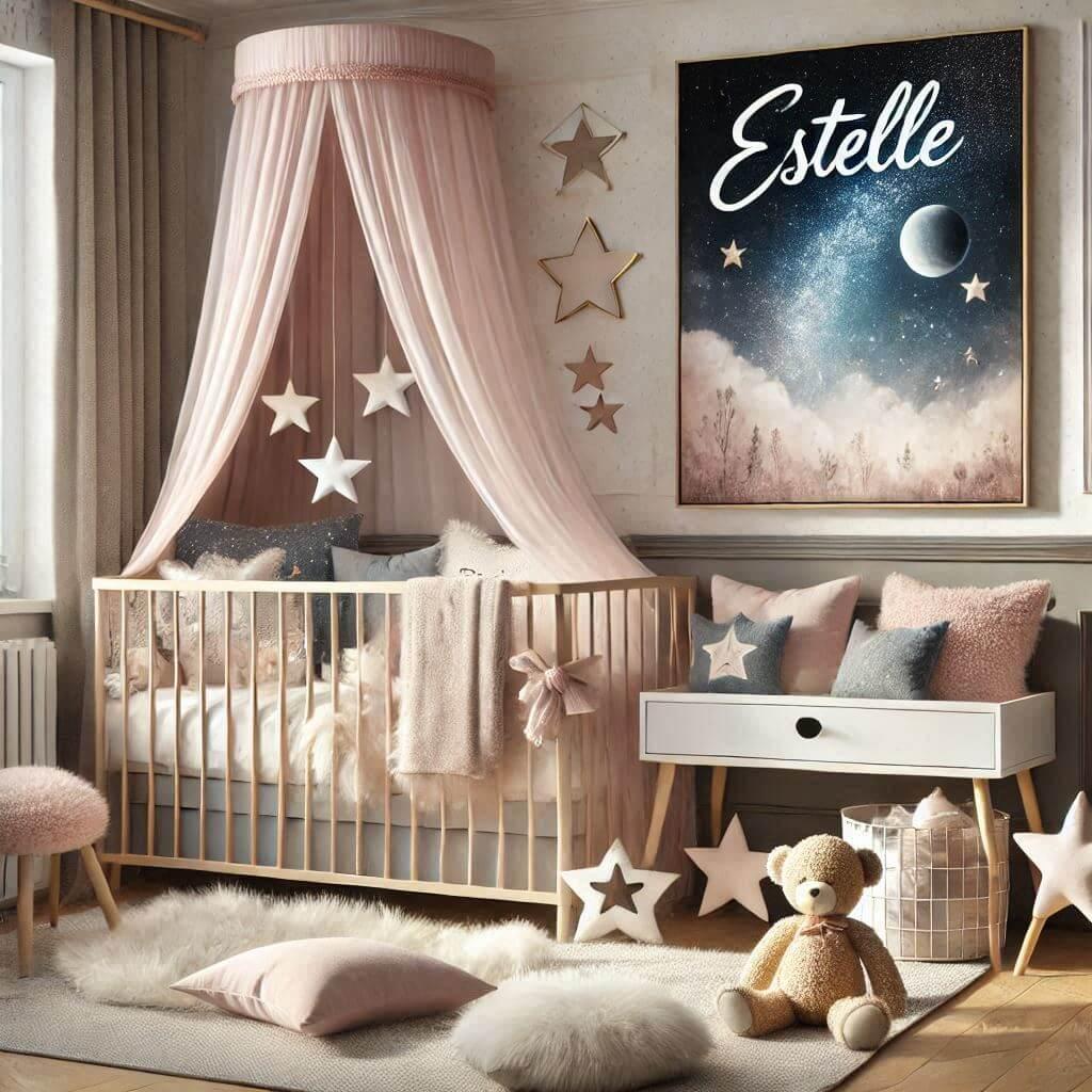 Chambre de bébé fille avec un thème ciel étoilé, un poster avec le prénom Estelle, des coussins doux, un tapis en fourrure et un lit à baldaquin.