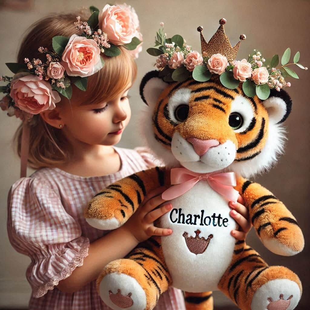 Anyconv com realistic image of a tiger plush with a personalized flower crown with the name charlotte in the hands of a little girl 1