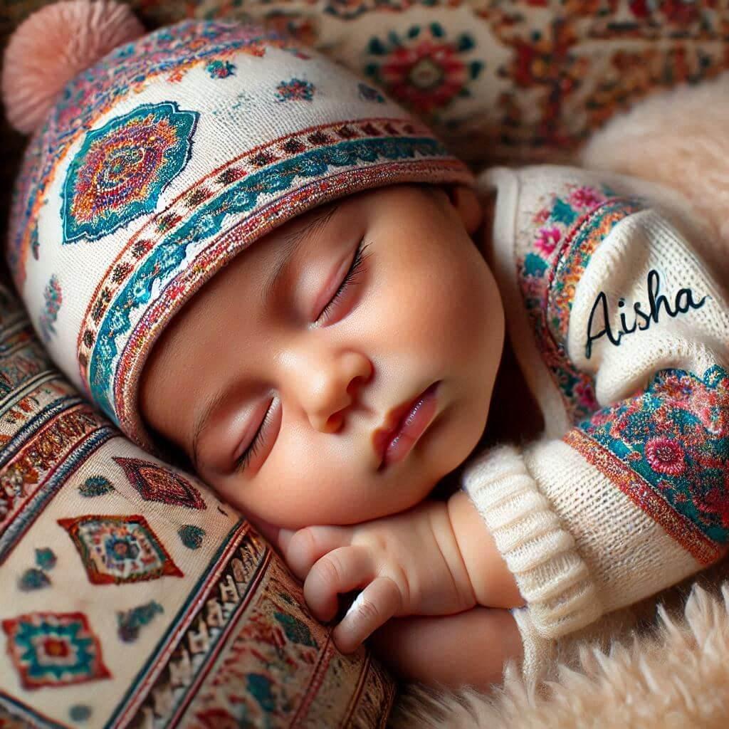 un bebe fille qui dort avec ecrit aisha en francais sur son bonnet motif oriental