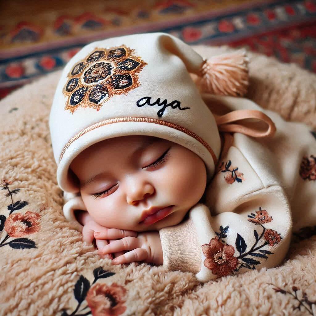 Anyconv com un bebe fille qui dort avec ecrit aya en francais sur son bonnet motif oriental elle dort sur un gros coussin photo de professionnel prenom aya 1