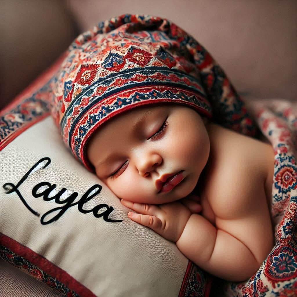 Bébé fille endormie avec prénom 'Layla' en français sur son bonnet à motif oriental, allongée sur un gros coussin.