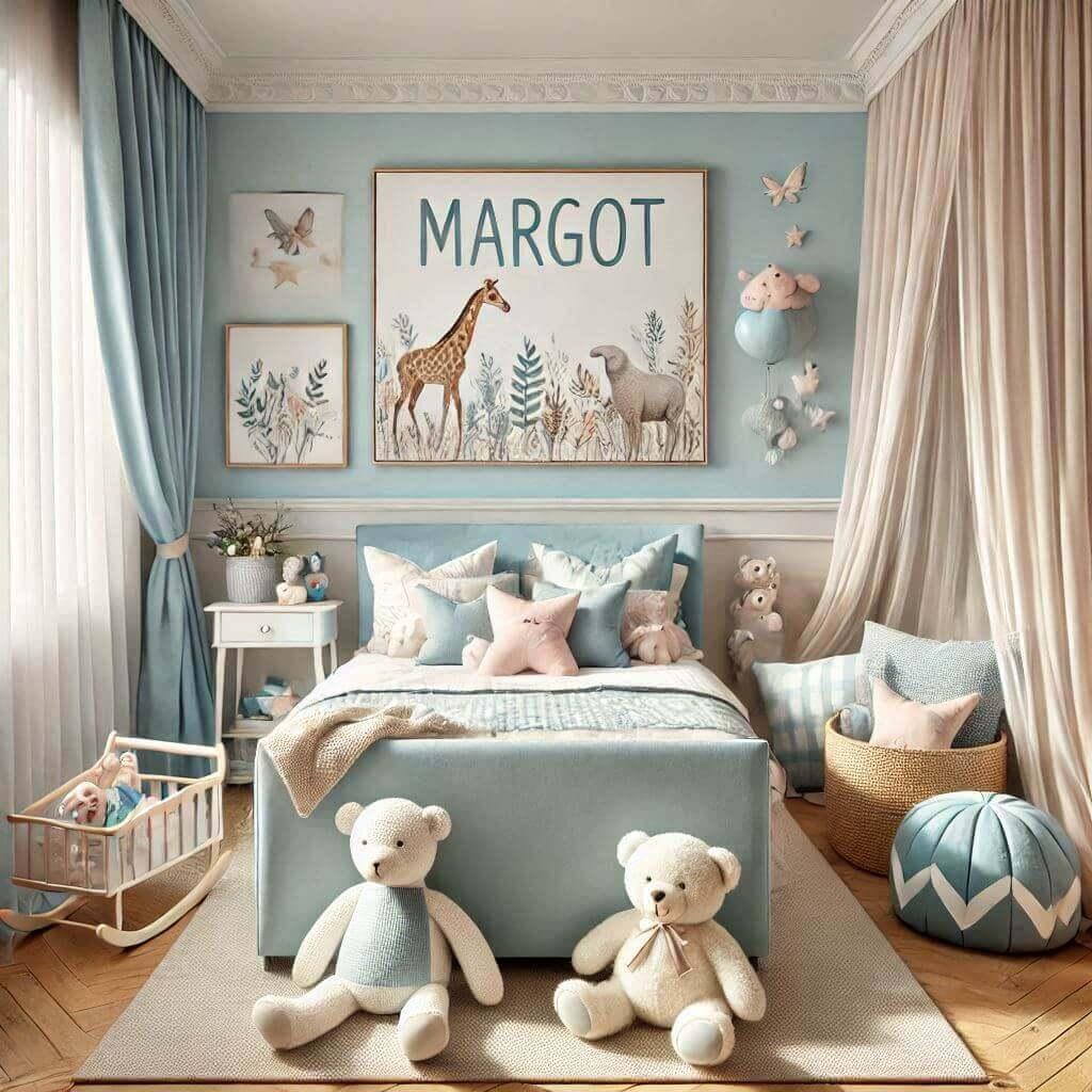 un theme deco pour une chambre de bebe fille portant le prenom margot the equitation bleu pastel le blanc et le beige des rideaux legers des coussins moelleux ciel de l