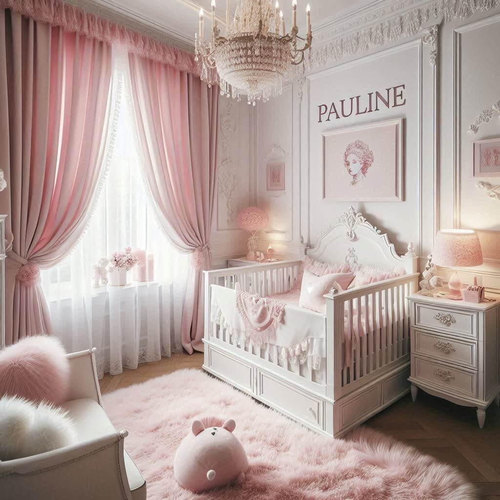 une belle chambre de bebe fille avec des voilages rose poudre blanc tres elegant et epure theme versailles avec le prenom pauline lit a barreaux avec des tiroirs dessou