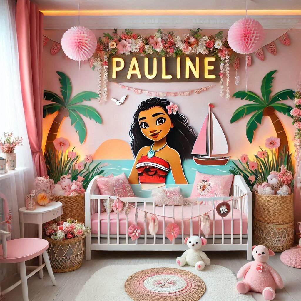 une belle chambre de petite fille sur le theme de vaiana pour une petite fille qui sappelle pauline avec le prenom pauline ecrit dans la decoration 1