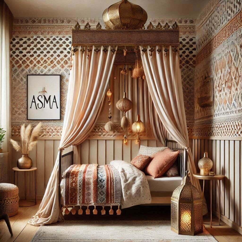 chambre d enfant sur le theme oriental avec un lit cabane decore de voilages aux motifs dores le prenom asma est ecrit dans la decoration les draps et rideaux affic