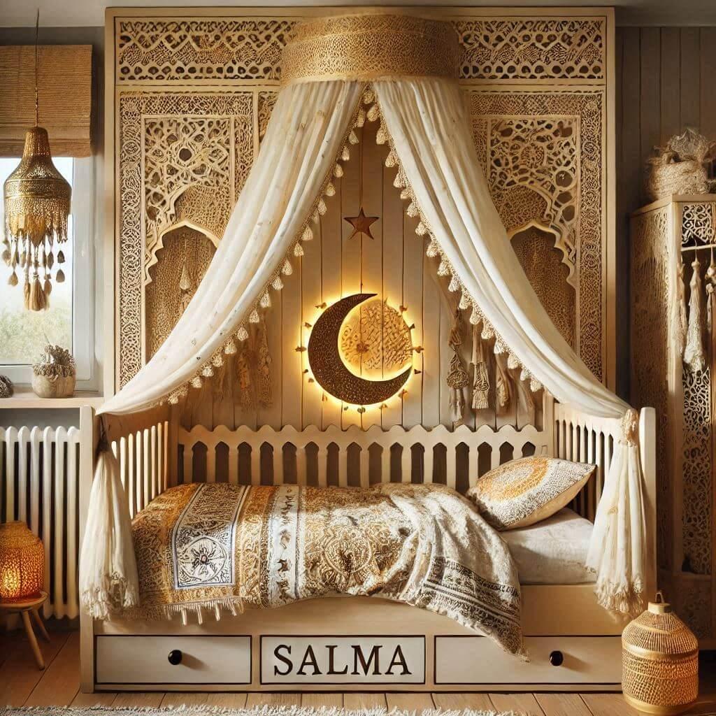 chambre d enfant sur le theme oriental avec un lit cabane decore de voilages aux motifs dores le prenom salma est ecrit dans la decoration les draps et rideaux affi