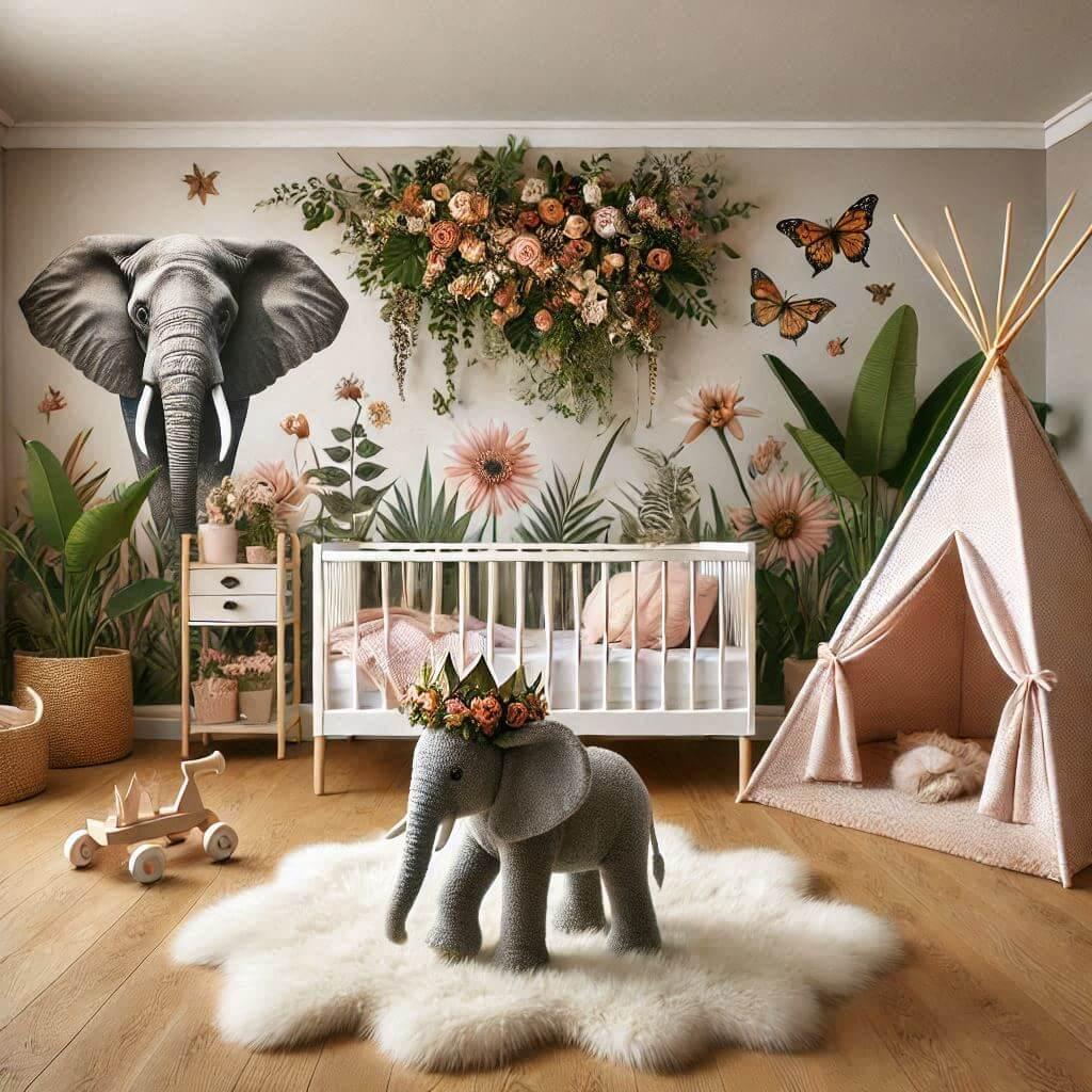 Anyconv com une chambre de bebe fille avec des fleurs sur le mur theme jungle avec lit et un tipi tapis avec fourrure peluche elephant avec une couronne de fleurs vue de loin clair